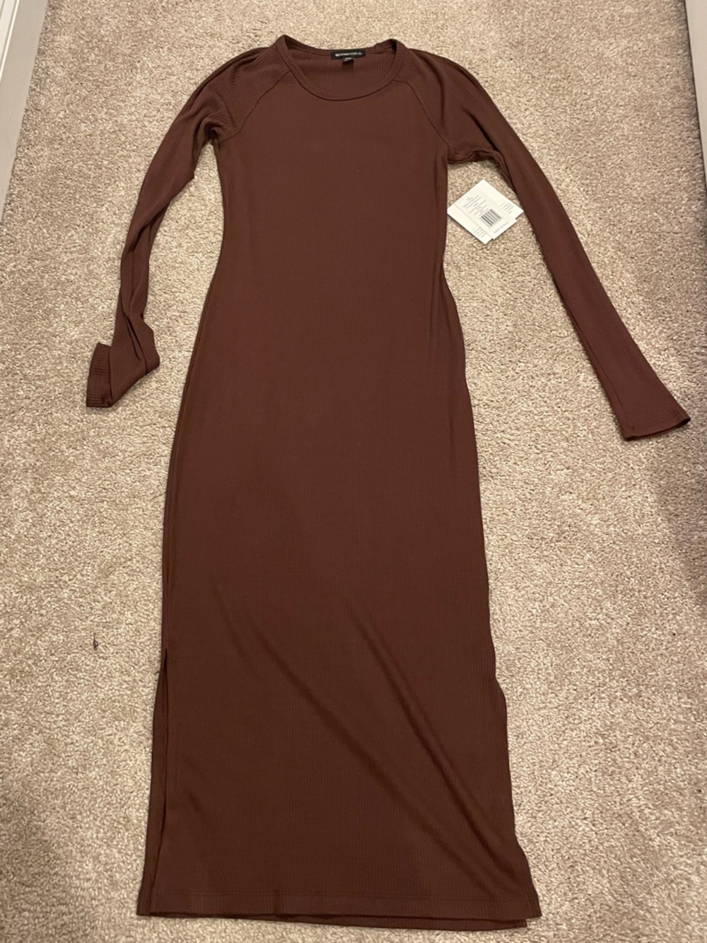 Beyond Yoga Ribbed Long Sleeve Midi Dress in Chocolate Brown